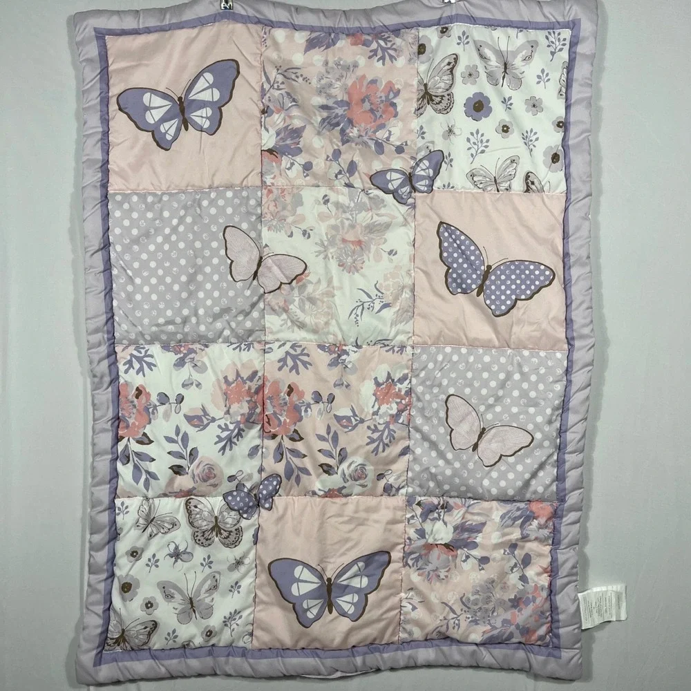 Vtg 90s Y2K 2pc Butterfly Baby Crib Bedding Set Purple Pink Floral Quilt & Sheet